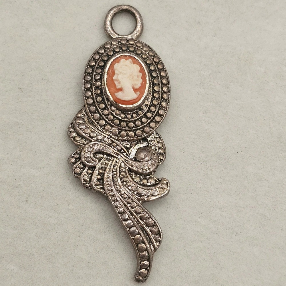 Vintage Faux Cameo Pendant Silver Tone Ribbon Bow 2.5" DM Lind